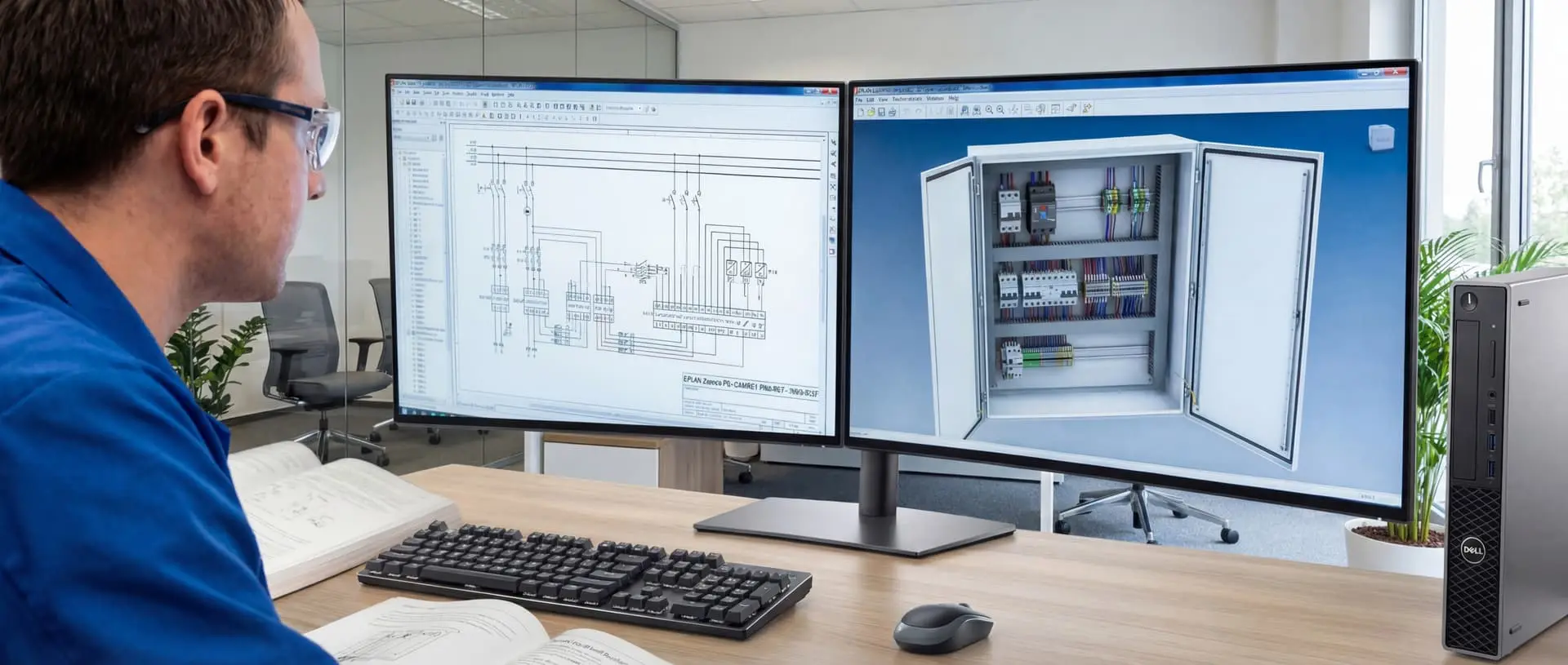 Engineer designing a control cabinet with EPLAN on two monitors